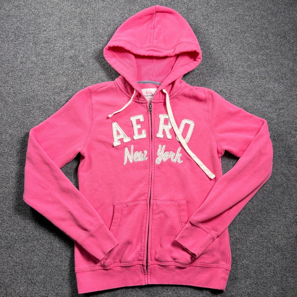 Y2K Aeropostale Hoodie Women Large Pink Full Zip Graphic AERO New York McBling